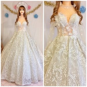 Long Sleeve Floral Embroidered Wedding Gown
